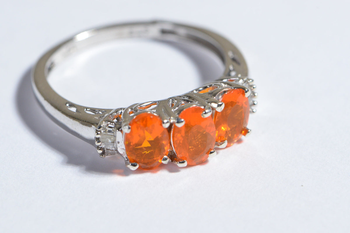 Mexican Fire Opal Ring: Baguette Diamond, Rhodium Sterling Silver, October Birthstone