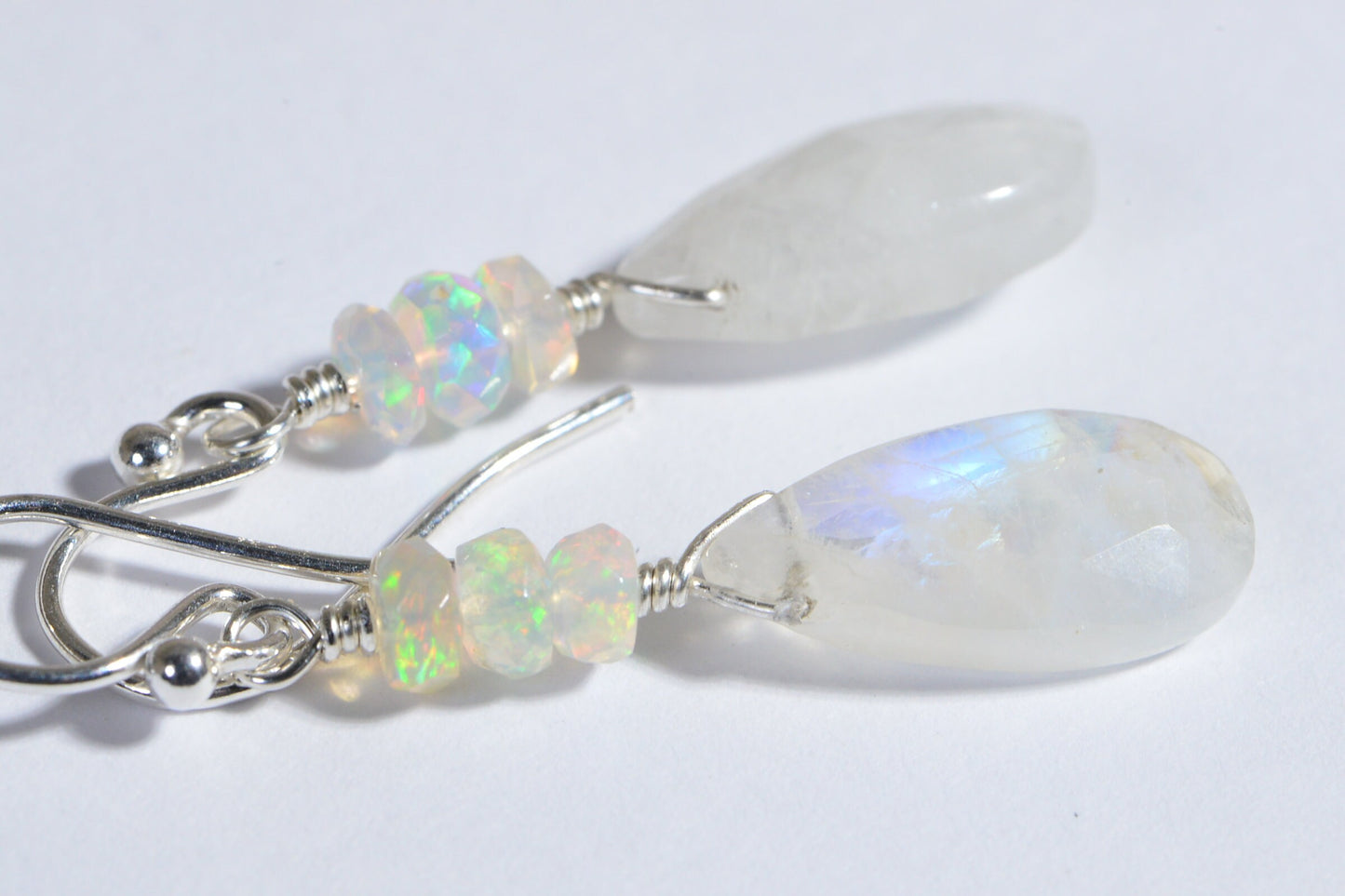 Ethiopian Opal & Moonstone Sterling Silver Drop Earrings