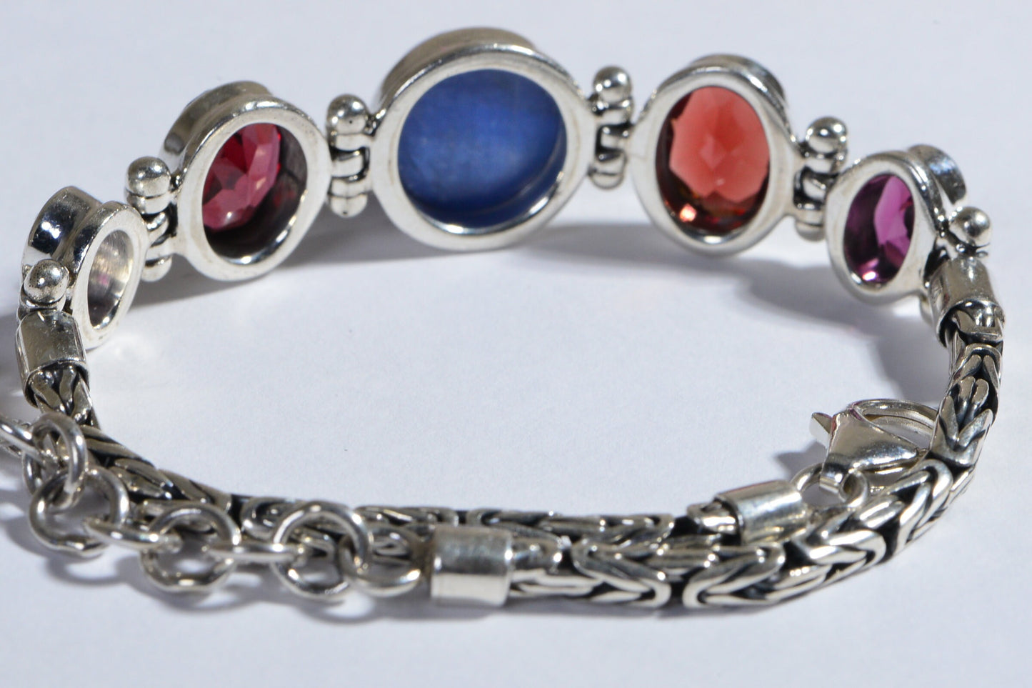 Rhodolite Garnet  Blue Kyanite Multi stone Bracelet Byzantine Chain  Bezel Setting  Sterling Silver