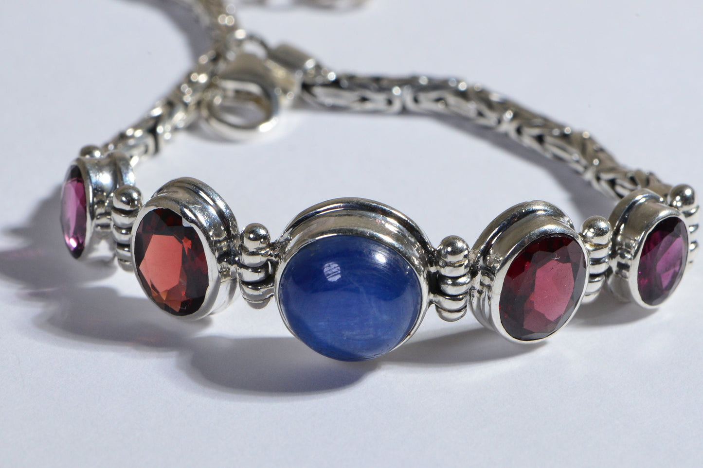 Rhodolite Garnet  Blue Kyanite Multi stone Bracelet Byzantine Chain  Bezel Setting  Sterling Silver