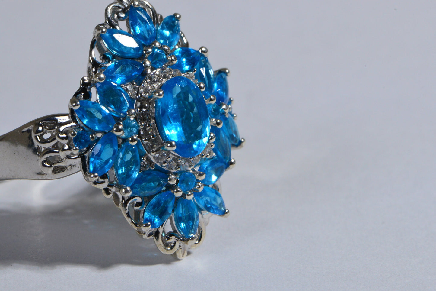 Blue Apatite Marquise Ring, Zircon Halo, Sterling Silver