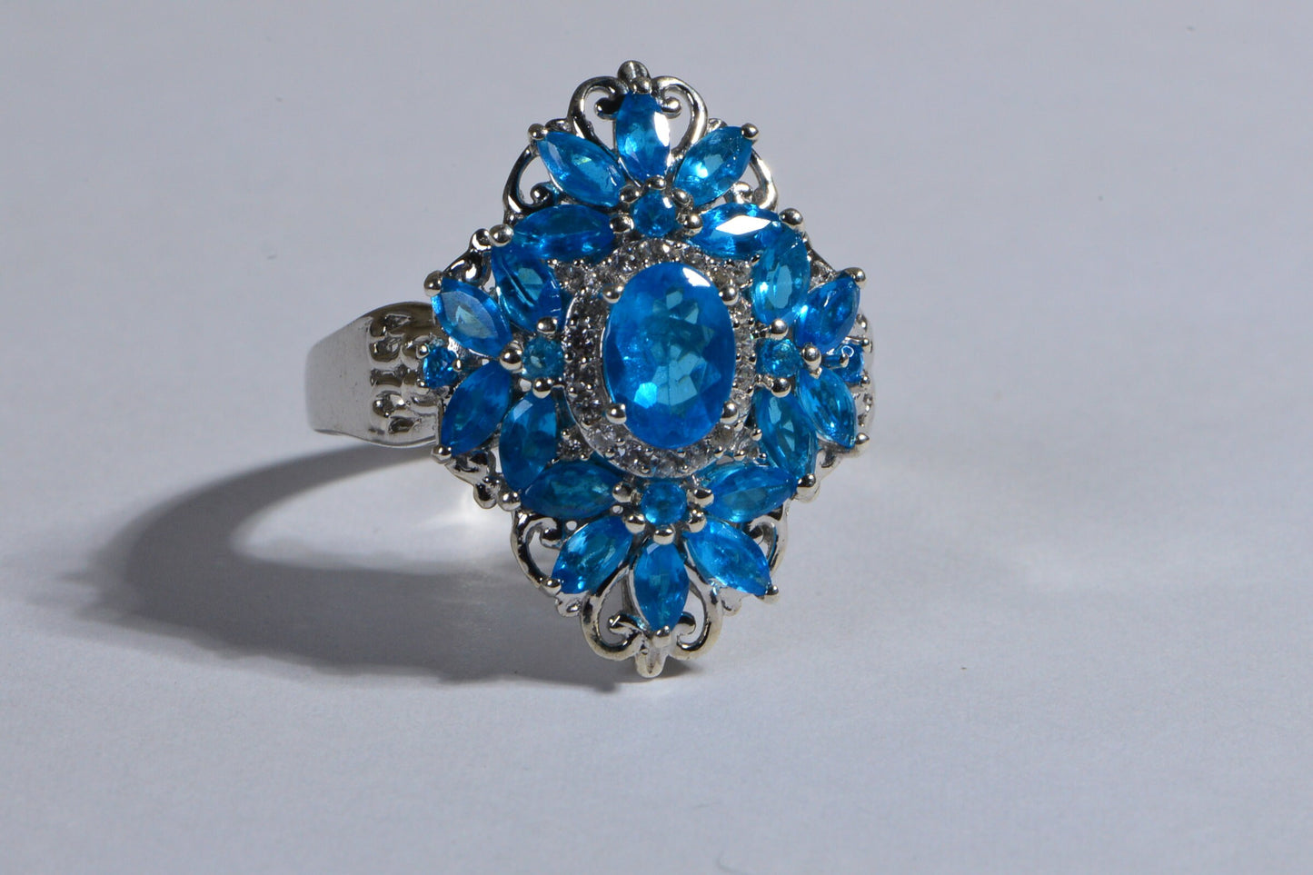 Blue Apatite Marquise Ring, Zircon Halo, Sterling Silver