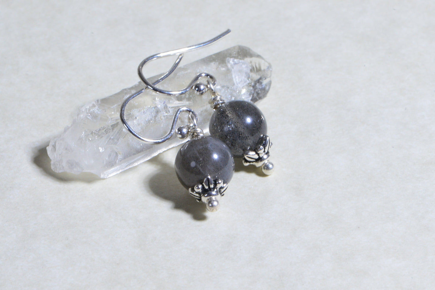 Blue Flash Labradorite Earrings, Wire Wrapped Sterling Silver, 0.5 inch
