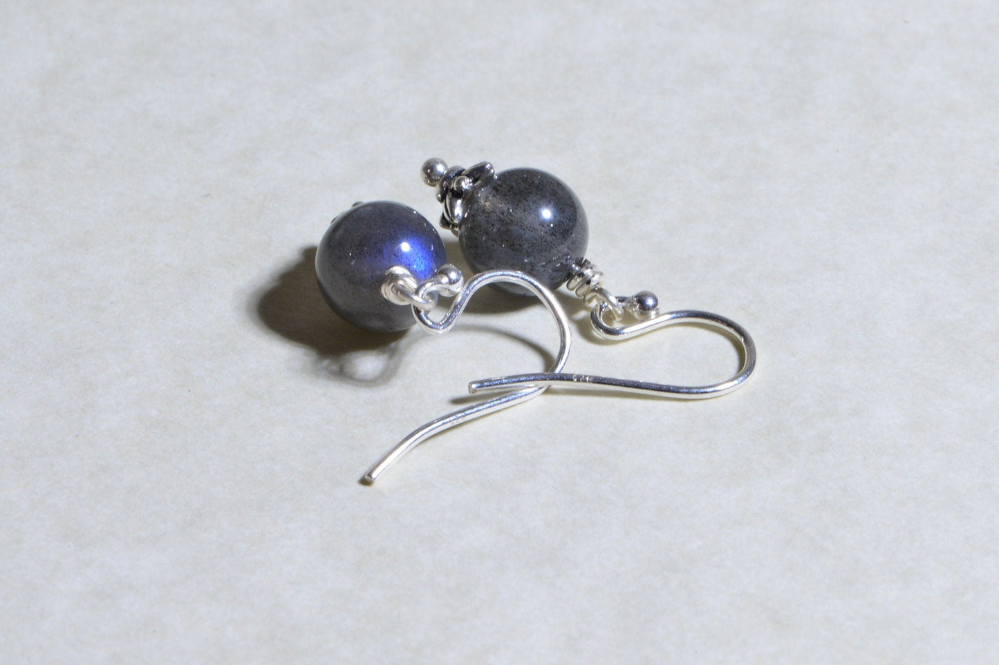 Blue Flash Labradorite Earrings, Wire Wrapped Sterling Silver, 0.5 inch