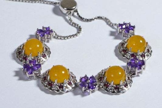 Yellow Jade Flower Bracelet, Amethyst Rhodolite Garnet, Rhodium Over Sterling Silver