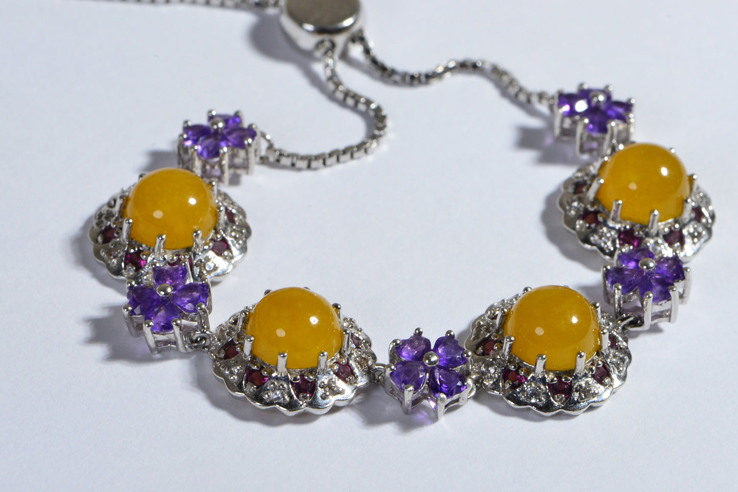 Yellow Jade Flower Bracelet, Amethyst Rhodolite Garnet, Rhodium Over Sterling Silver