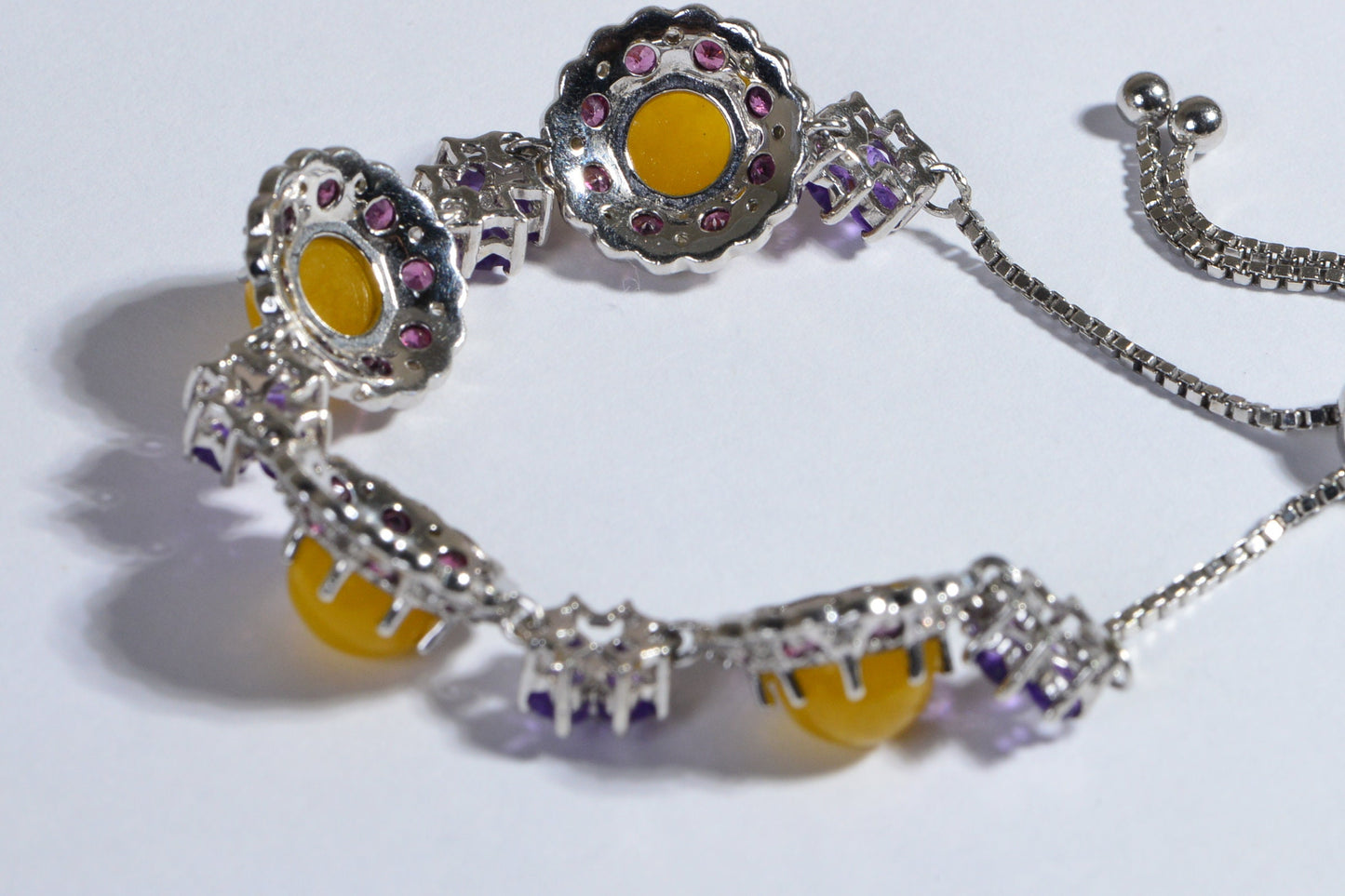 Yellow Jade Flower Bracelet, Amethyst Rhodolite Garnet, Rhodium Over Sterling Silver