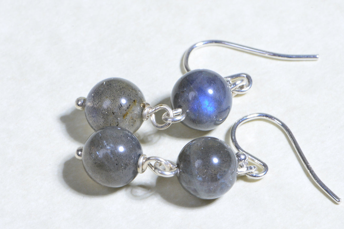 Blue Flash Labradorite Earrings, Wire Wrapped Sterling Silver, 1 inch