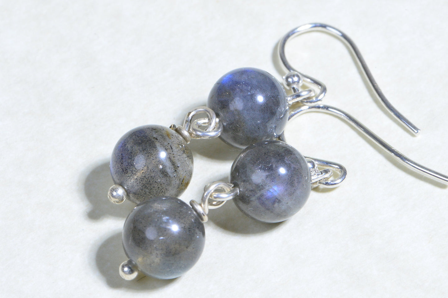 Blue Flash Labradorite Earrings, Wire Wrapped Sterling Silver, 1 inch