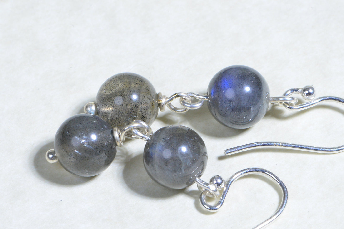 Blue Flash Labradorite Earrings, Wire Wrapped Sterling Silver, 1 inch