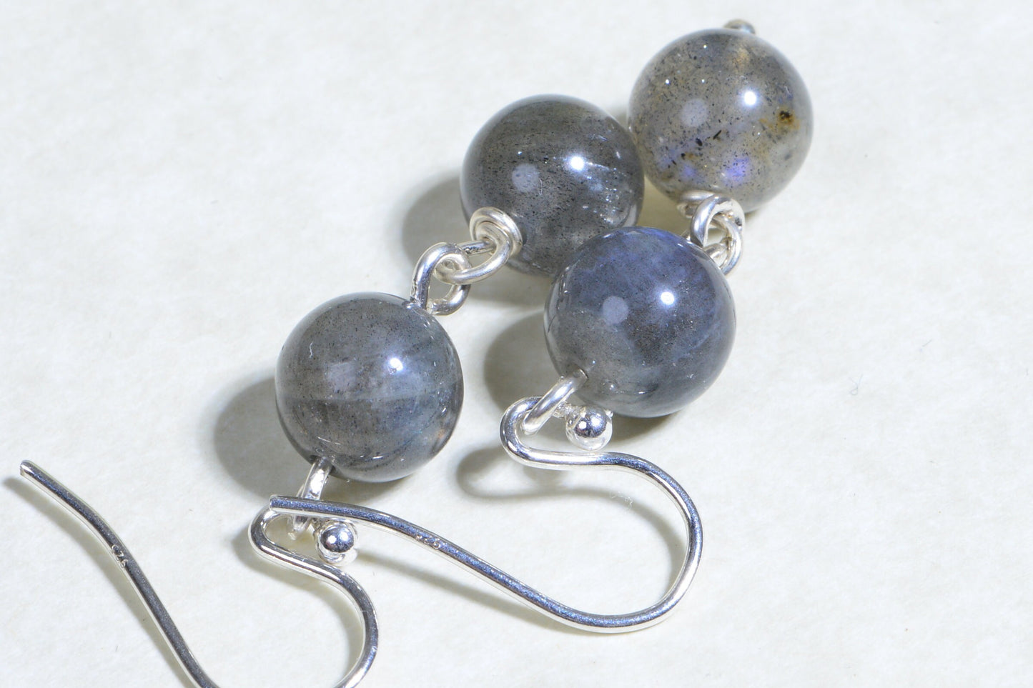 Blue Flash Labradorite Earrings, Wire Wrapped Sterling Silver, 1 inch