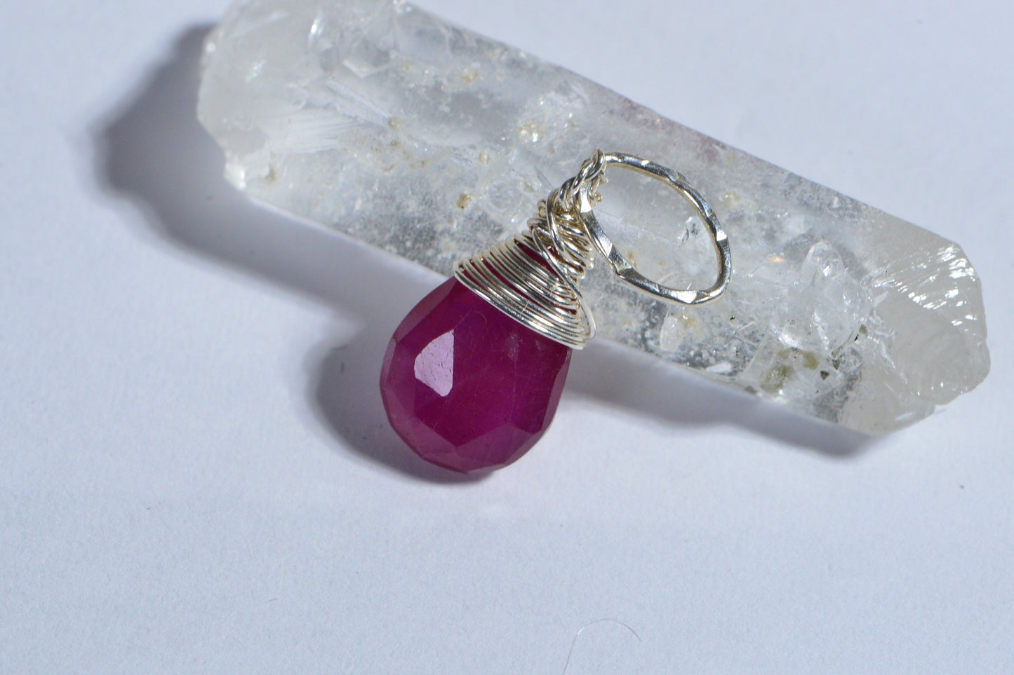 Natural Ruby Briolette Pendant: Sterling Silver Wire Wrapped Gemstone
