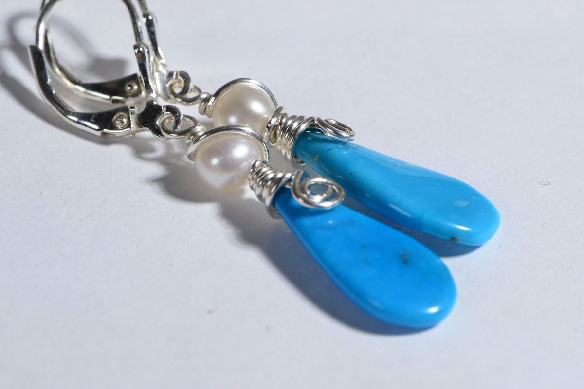 Sleeping Beauty Turquoise Earrings: Pearl Wire Wrapped Sterling Silver Teardrops