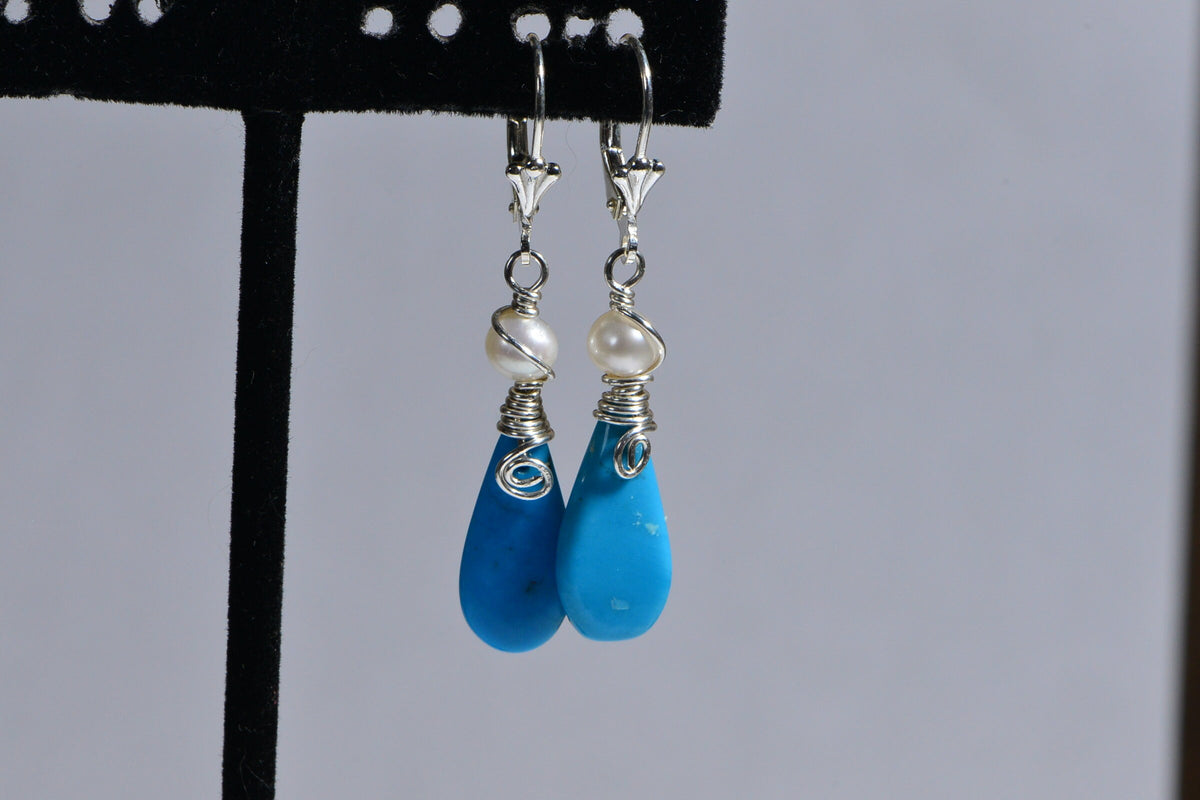 Sleeping Beauty Turquoise Earrings: Pearl Wire Wrapped Sterling Silver Teardrops
