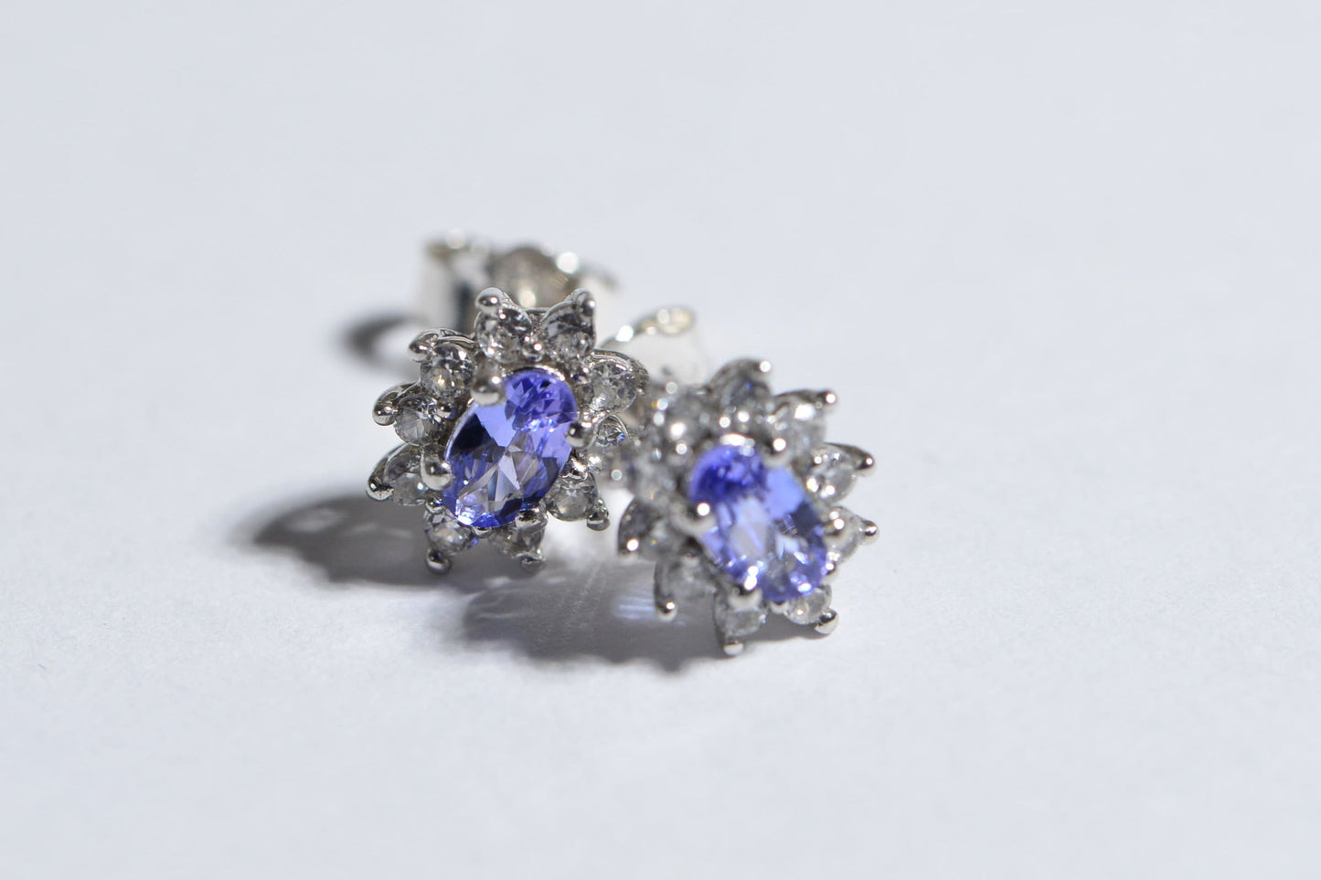 Vintage Tanzanite Stud Earrings, Diamond Halo, Sterling Silver
