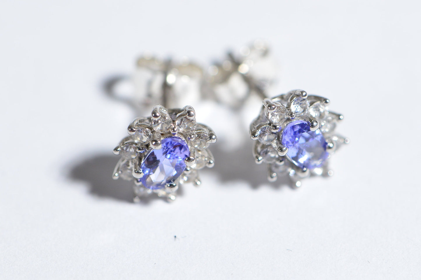 Vintage Tanzanite Stud Earrings, Diamond Halo, Sterling Silver