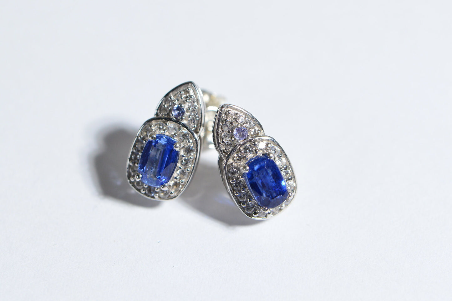 Sapphire Halo Stud Earrings, Zircon & Tanzanite, 14K White Gold over Sterling Silver