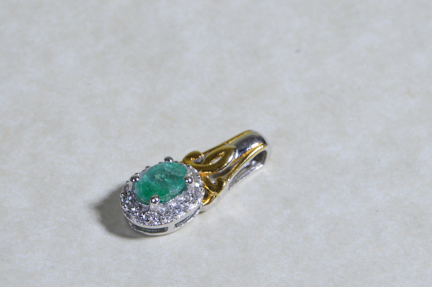 Colombian Emerald Halo Pendant, White Zircon, 14k Gold Over Sterling Silver