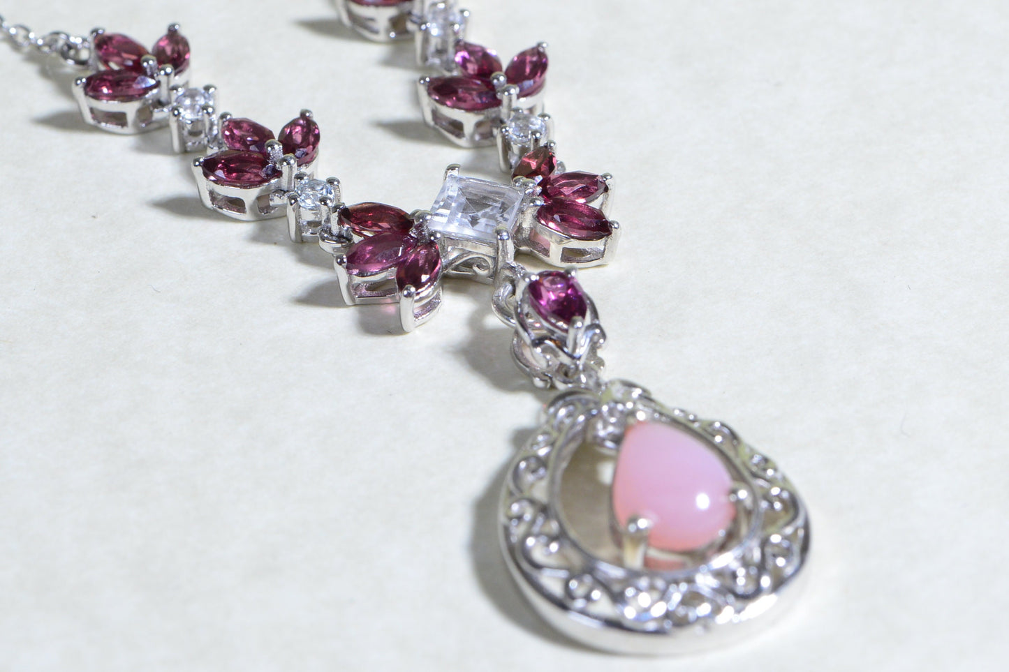 Rhodolite Garnet & Pink Opal Necklace, Sterling Silver Choker