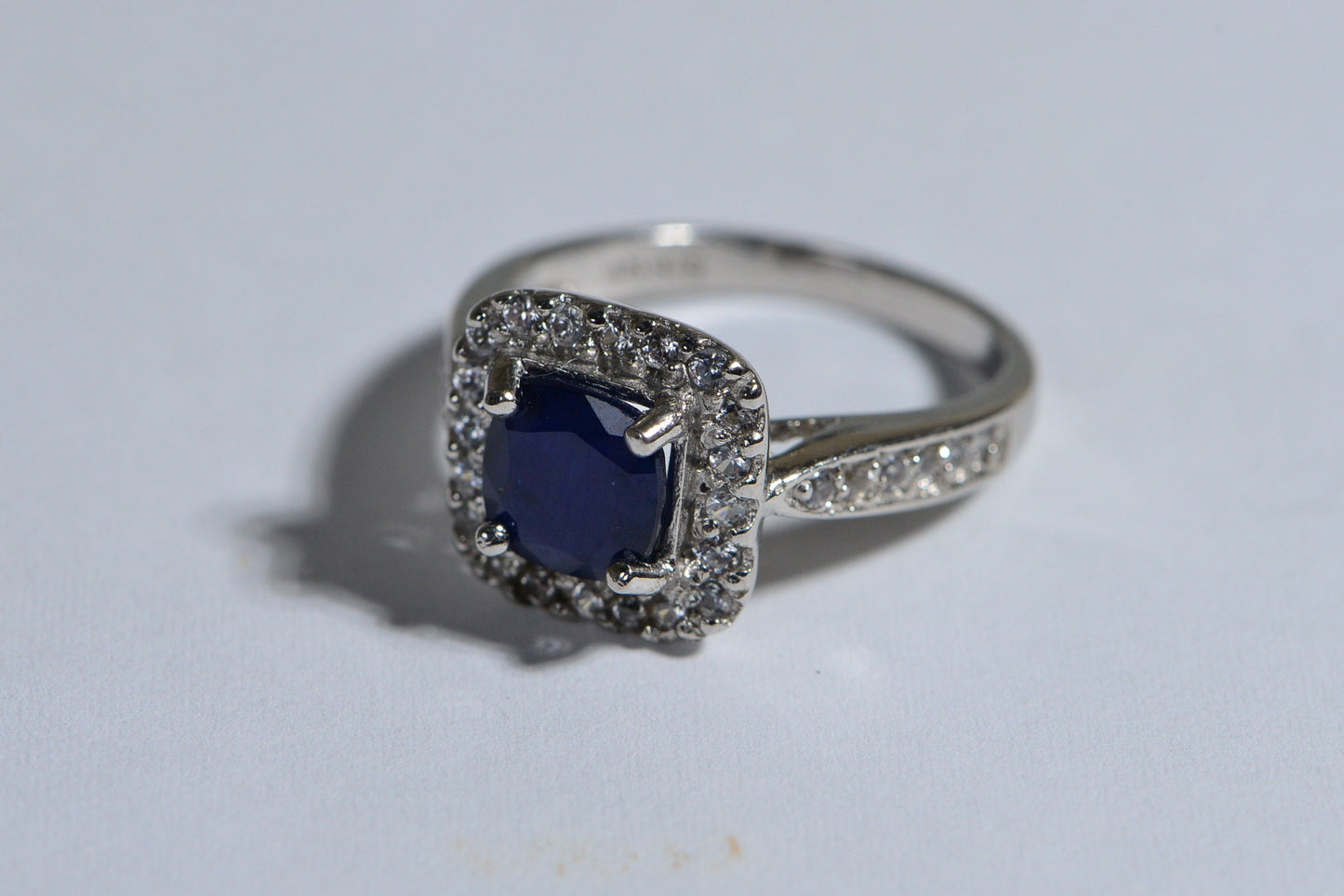 Blue Sapphire Halo Ring, Sterling Silver Cushion Cut, Zircon Accents