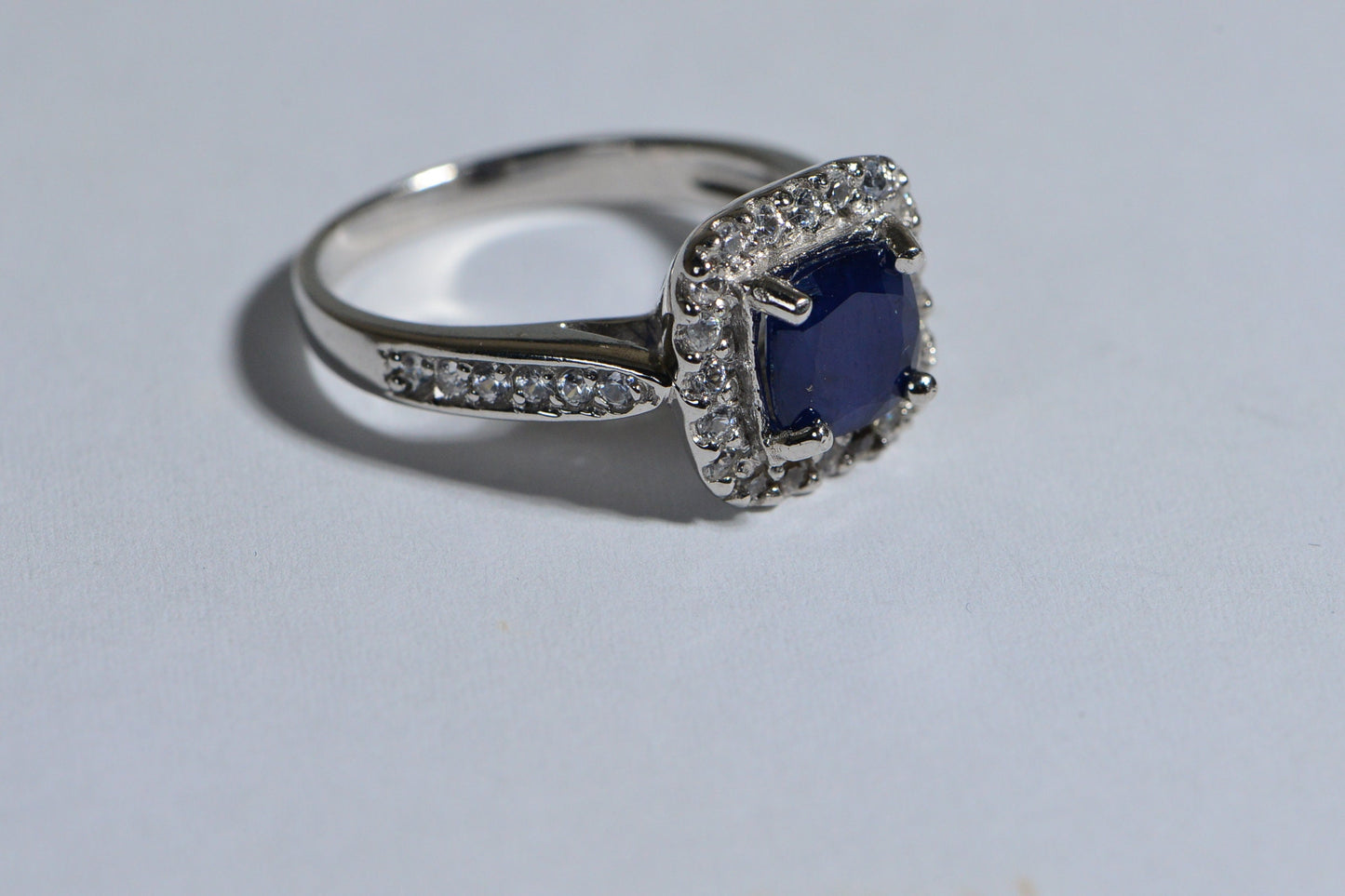 Blue Sapphire Halo Ring, Sterling Silver Cushion Cut, Zircon Accents