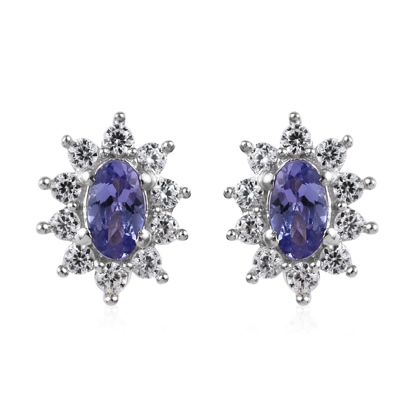 Vintage Tanzanite Stud Earrings, Diamond Halo, Sterling Silver