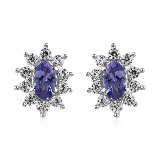 Vintage Tanzanite Stud Earrings, Diamond Halo, Sterling Silver