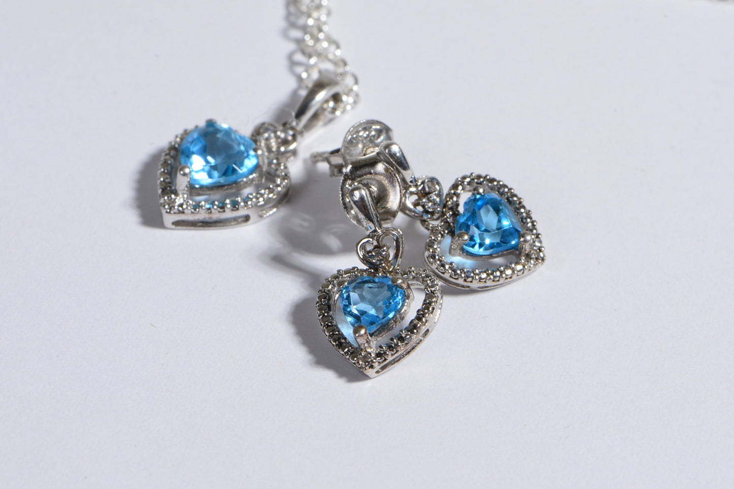 Blue Topaz Heart Studs Earrings And Pendant Topaz Jewelry Set Birthstone November.