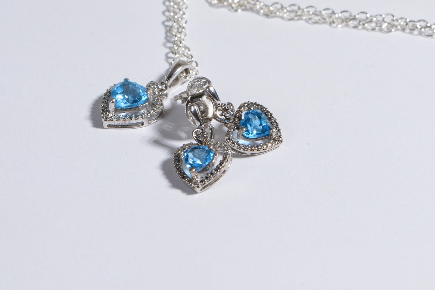 Blue Topaz Heart Studs Earrings And Pendant Topaz Jewelry Set Birthstone November.
