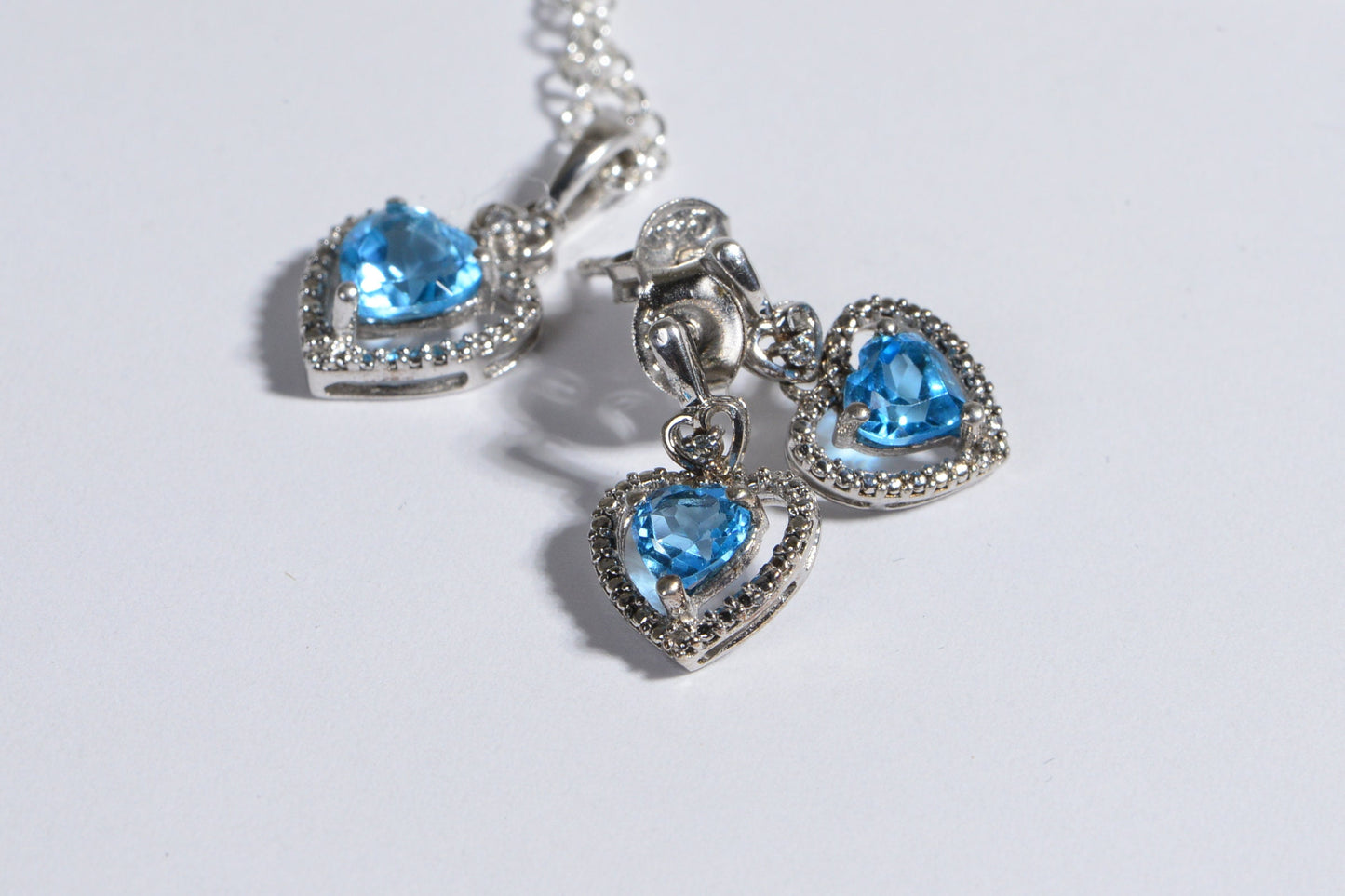 Blue Topaz Heart Studs Earrings And Pendant Topaz Jewelry Set Birthstone November.