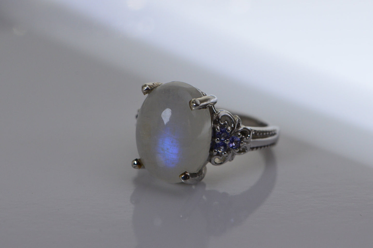 Rainbow  Moonstone Tanzanite Rhodium Over Sterling Silver Tanzanite Ring Birthstone December Gift for Daughter