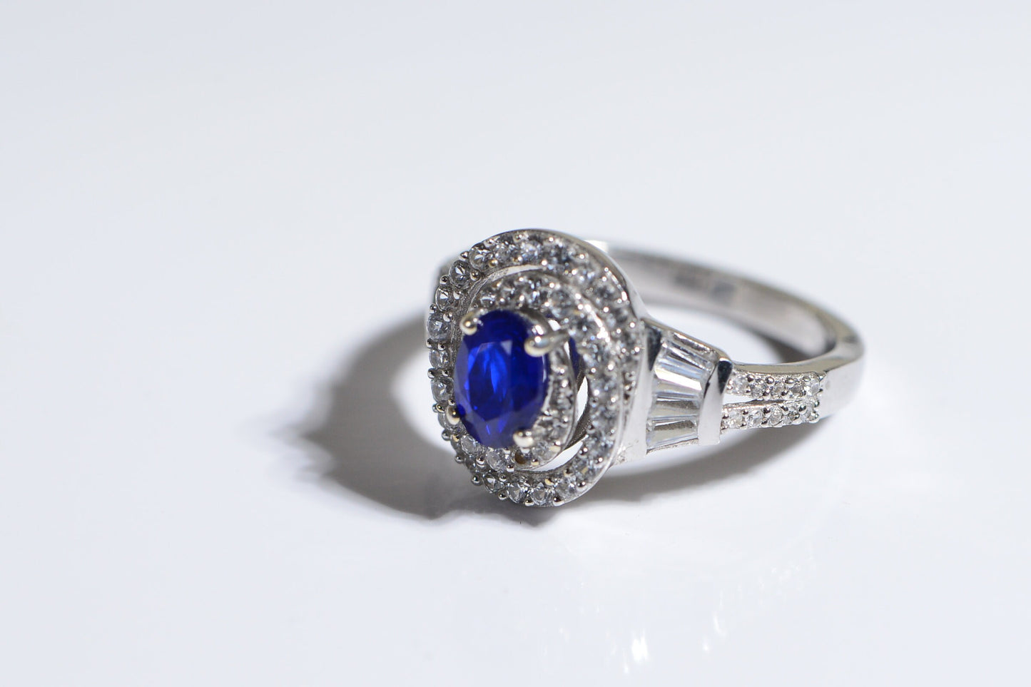 Blue Spinel White Topaz Zircon Rhodium over sterling silver Double Halo Style Promise Ring