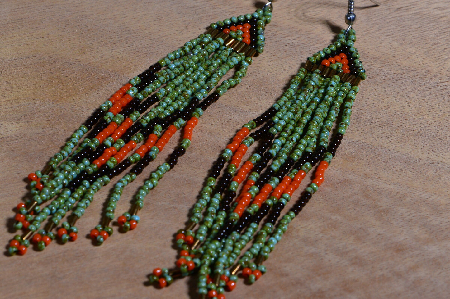 Turquoise Beaded Fringe Earrings, Native American Style, Czech Seed Bead