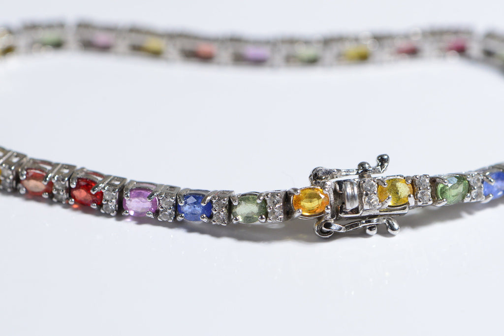 Multi Sapphire White Topaz Gems  Tennis Bracelet in Platinum Over Sterling Silver