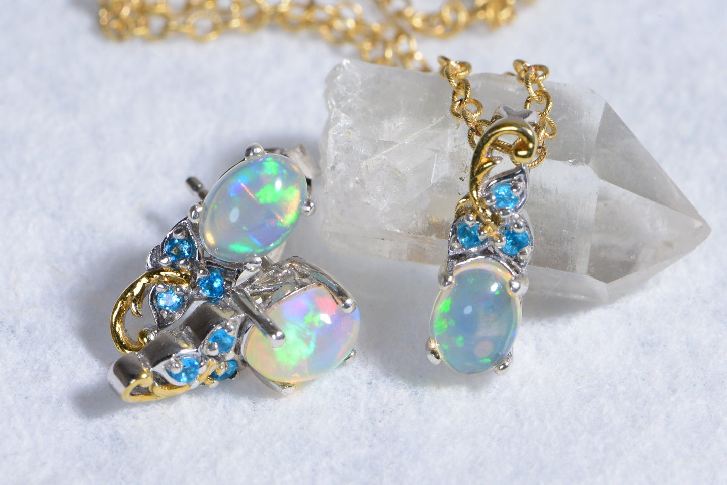 Ethiopian Opal Sterling Silver Necklace Earrings Set – Handmade Teardrop Jewelry