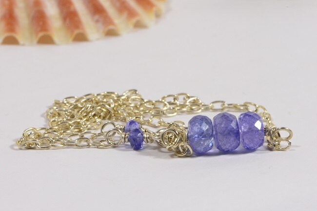 Three Stone Tanzanite Necklace, Sterling Silver Bar Pendant