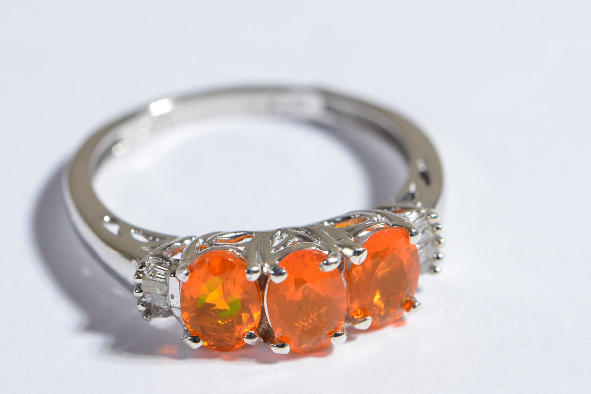 Mexican Fire Opal Ring: Baguette Diamond, Rhodium Sterling Silver, October Birthstone