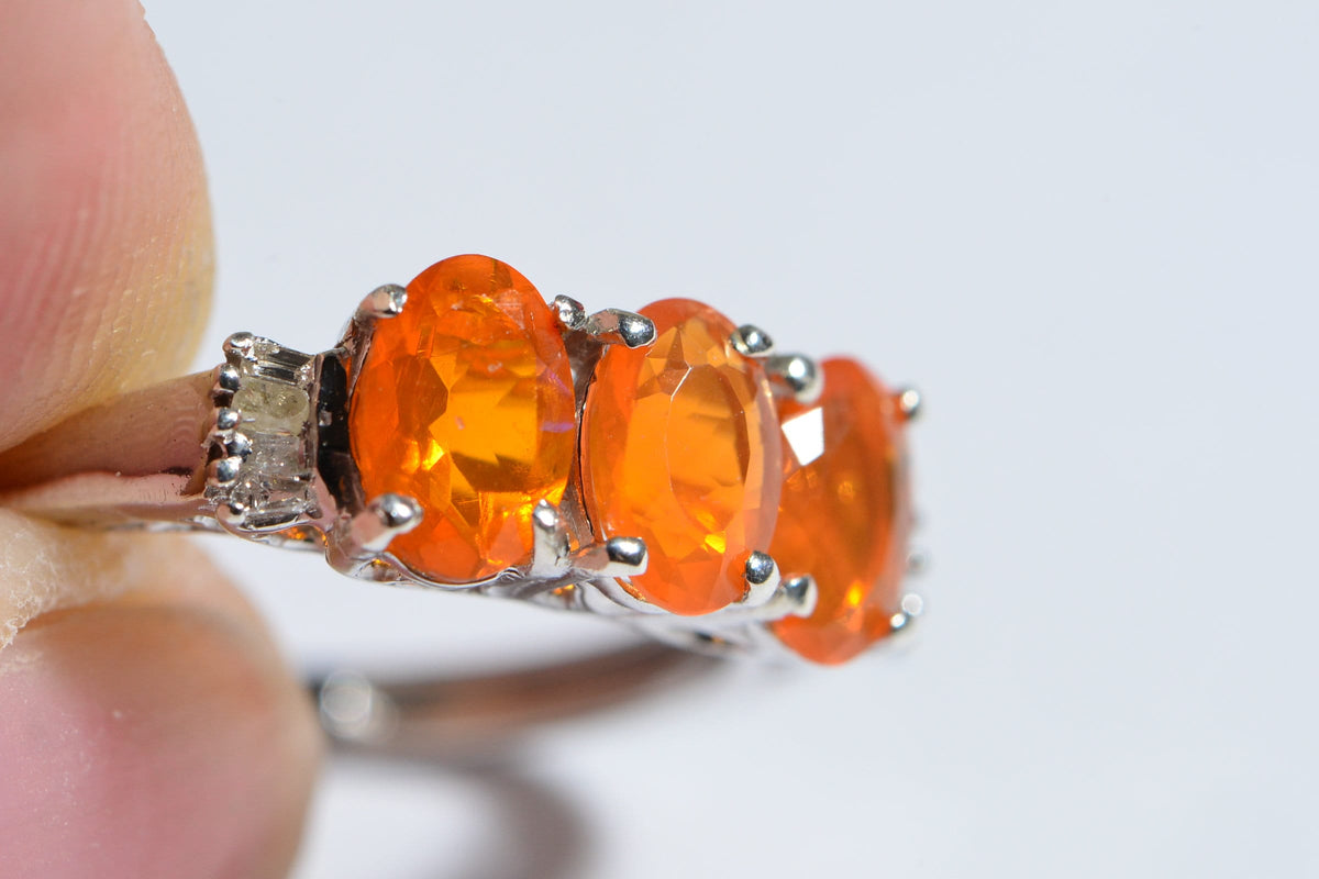 Mexican Fire Opal Ring: Baguette Diamond, Rhodium Sterling Silver, October Birthstone