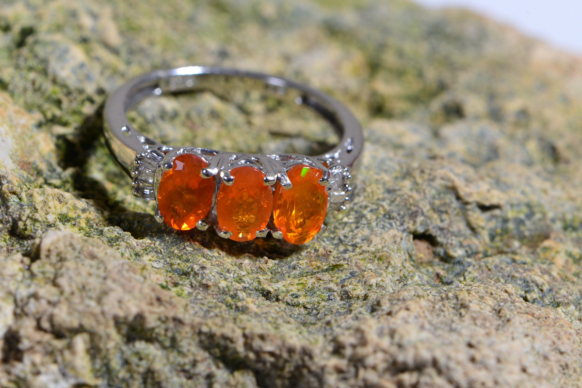 Mexican Fire Opal Ring: Baguette Diamond, Rhodium Sterling Silver, October Birthstone