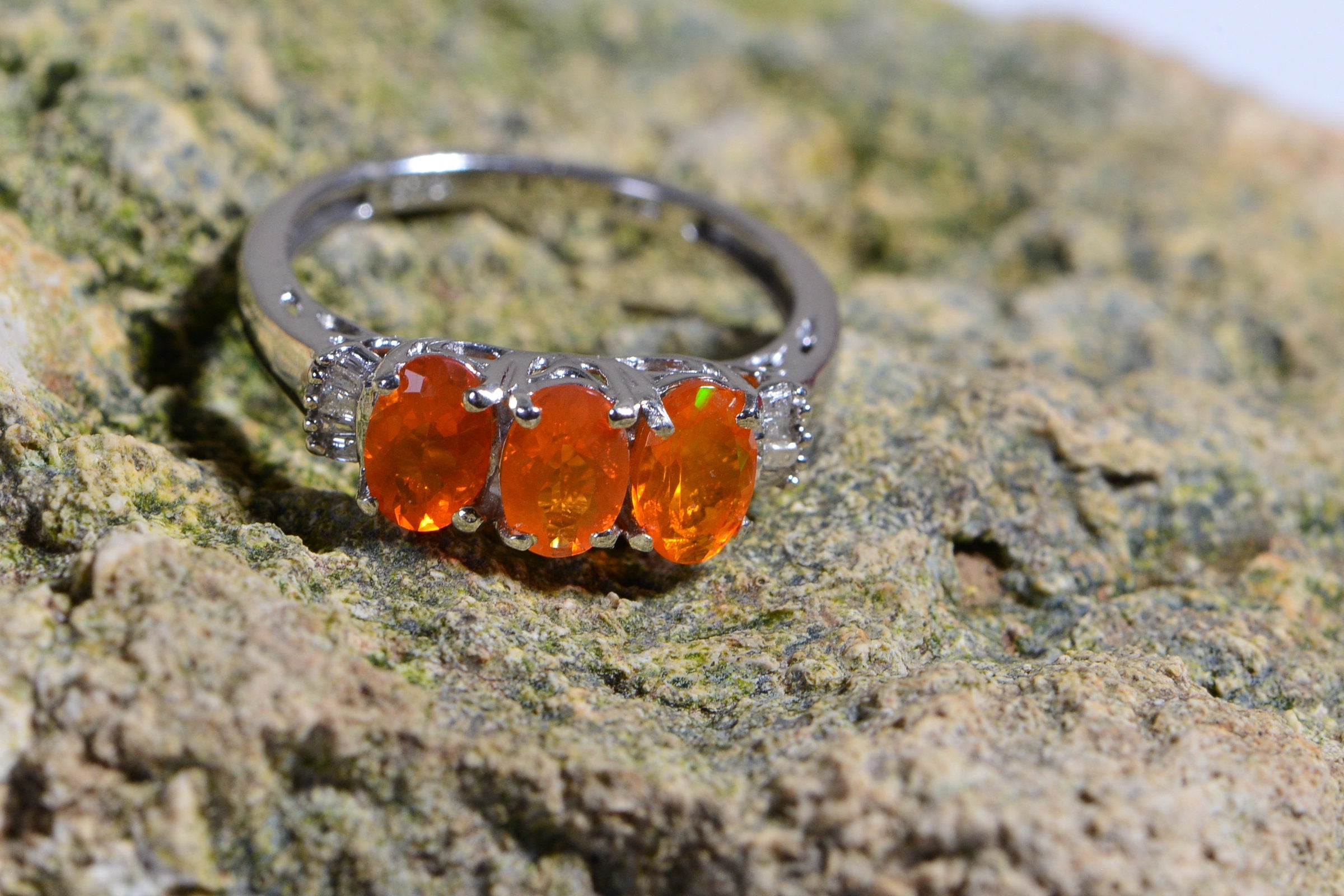 Mexican Fire Opal Ring: Baguette Diamond, Rhodium Sterling Silver, October Birthstone