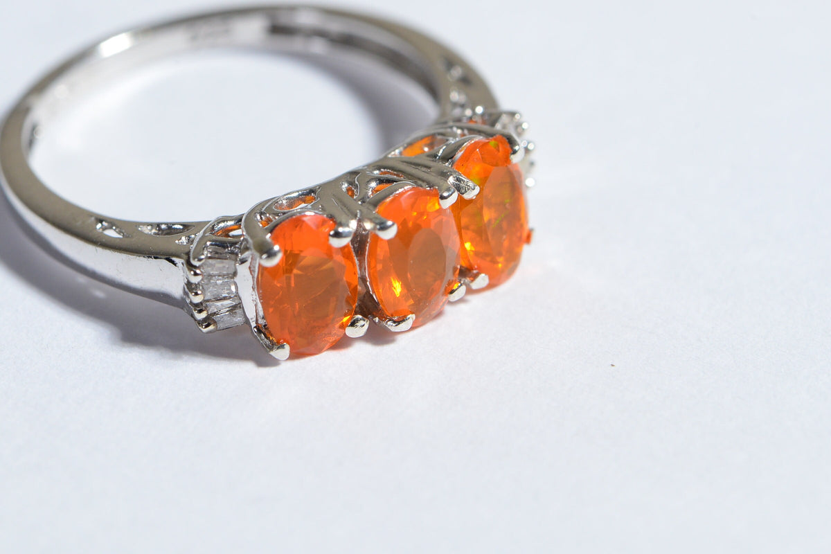 Mexican Fire Opal Ring: Baguette Diamond, Rhodium Sterling Silver, October Birthstone
