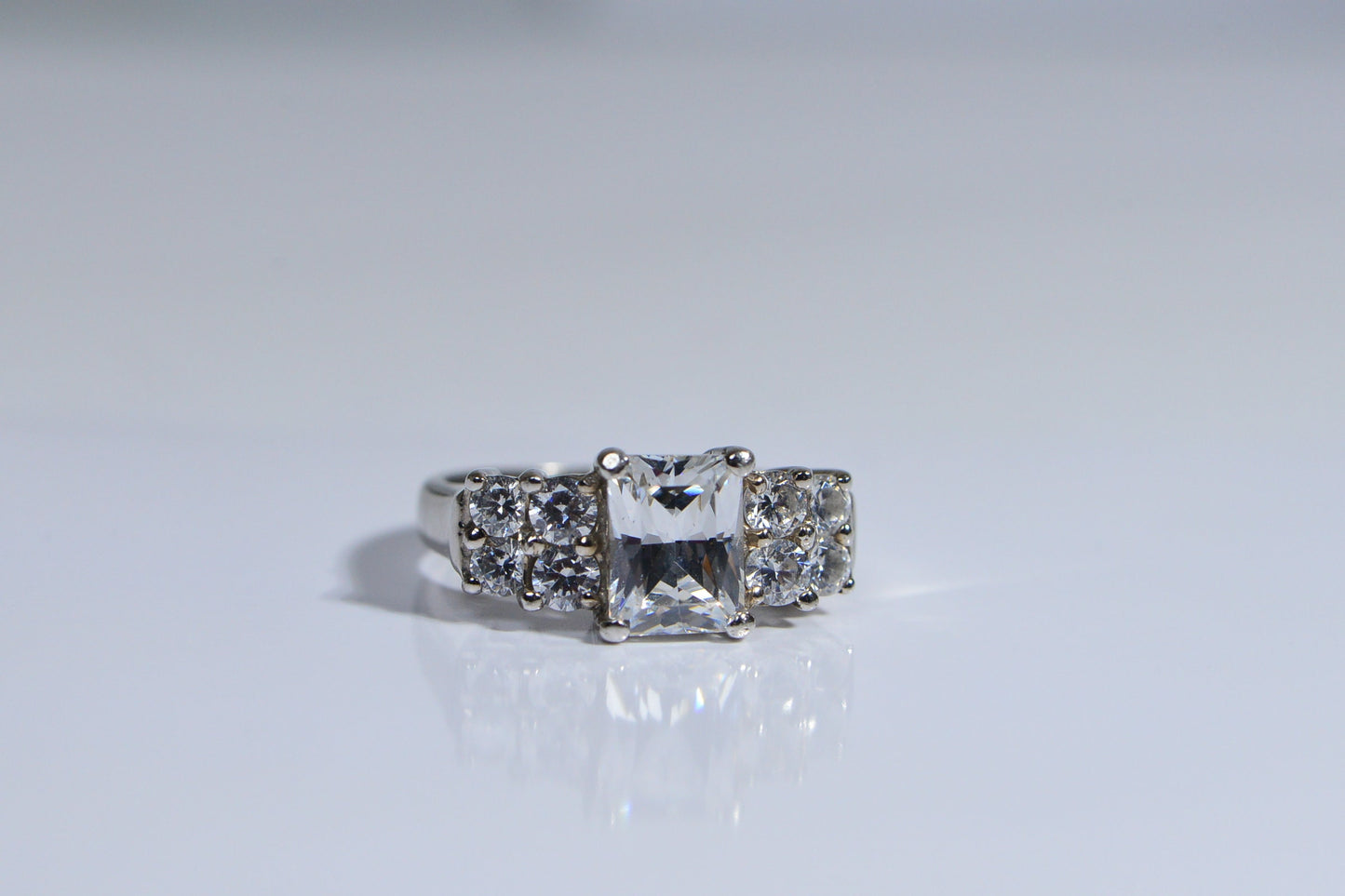 Emerald Cut White Zircon Ring: Rhodium Over Sterling Silver, Size 6 1/4