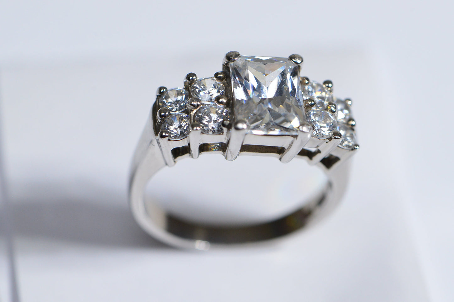 Emerald Cut White Zircon Ring: Rhodium Over Sterling Silver, Size 6 1/4