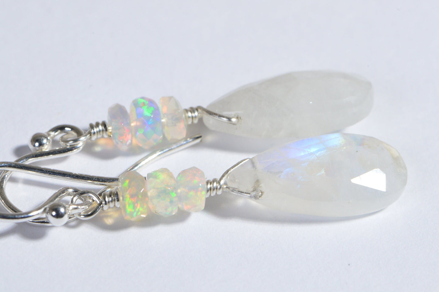 Ethiopian Opal & Moonstone Sterling Silver Drop Earrings