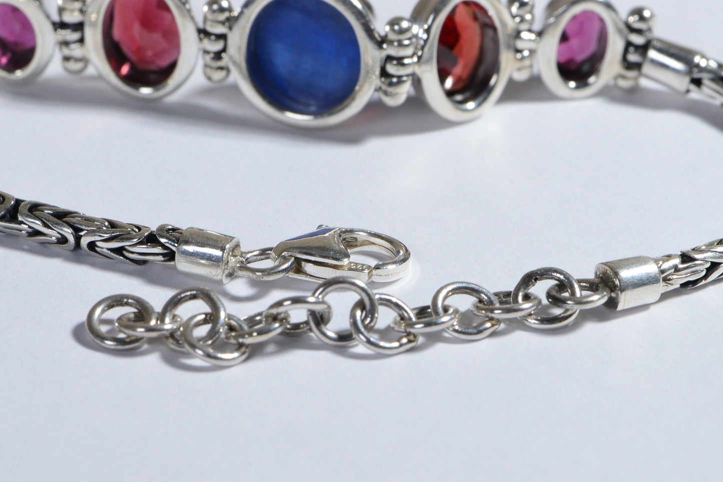 Rhodolite Garnet  Blue Kyanite Multi stone Bracelet Byzantine Chain  Bezel Setting  Sterling Silver