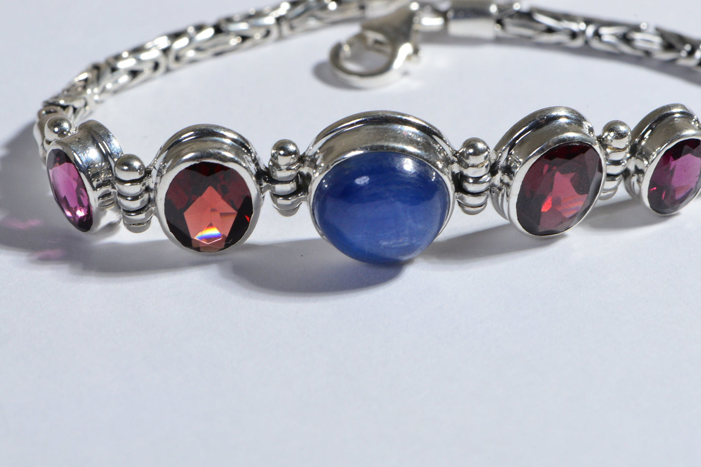 Rhodolite Garnet  Blue Kyanite Multi stone Bracelet Byzantine Chain  Bezel Setting  Sterling Silver