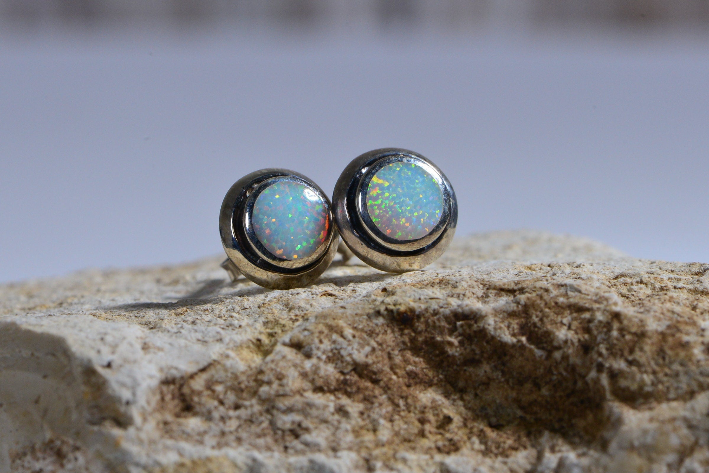 Sterling Silver Opal Stud Earrings: Handmade Twisted Wire Jewelry