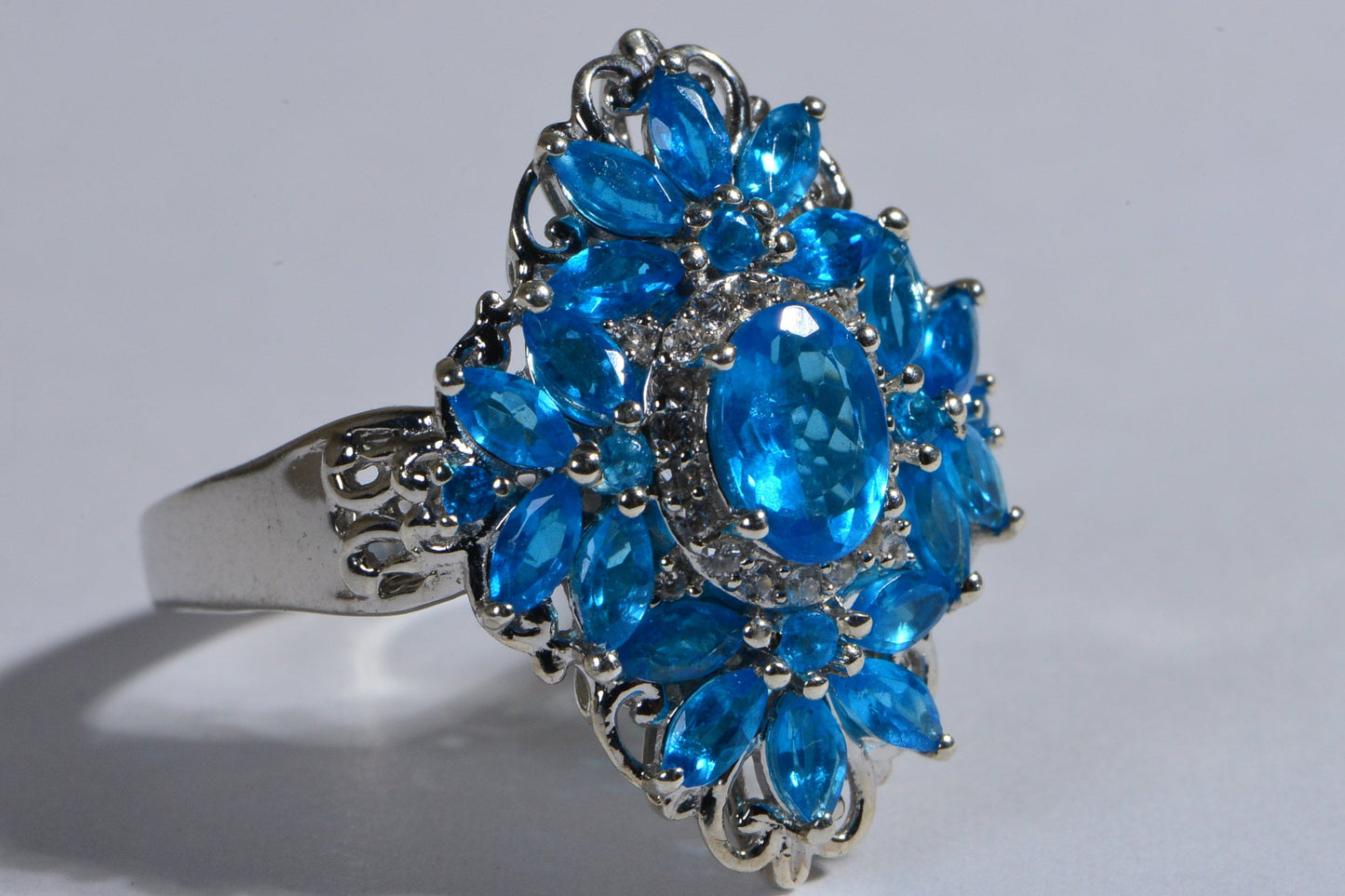 Blue Apatite Marquise Ring, Zircon Halo, Sterling Silver