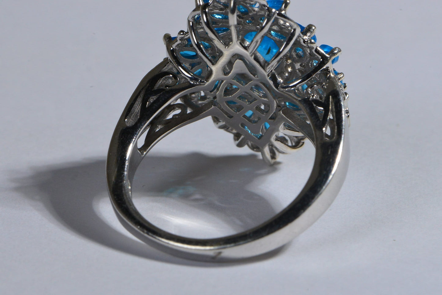 Blue Apatite Marquise Ring, Zircon Halo, Sterling Silver