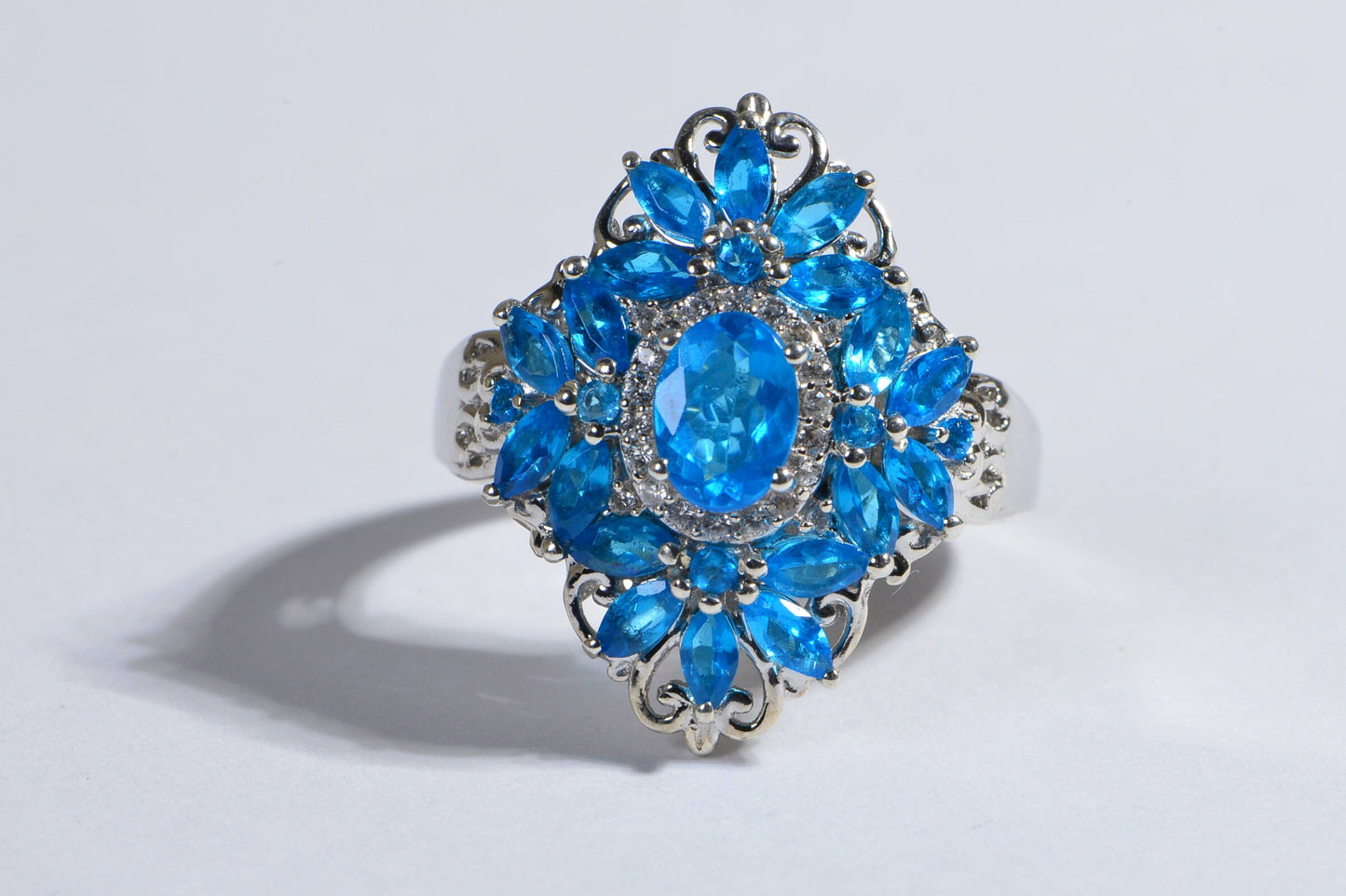 Blue Apatite Marquise Ring, Zircon Halo, Sterling Silver